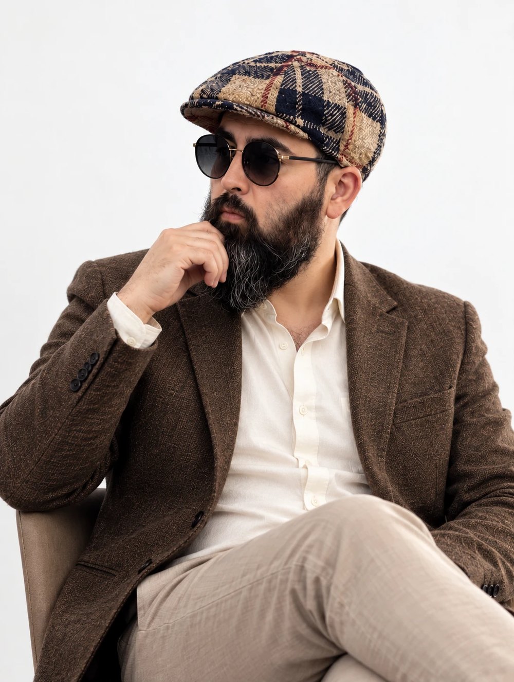 Retrato de estudio de Richard Rodríguez Geldes: chaqueta de tweed, gorra de cuadros y gafas redondas